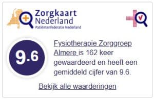 Fysiotherapie Zorggroep ALmere heeft een gemiddeld cijfer van 9,6 bij Zorgkaart Nederland
